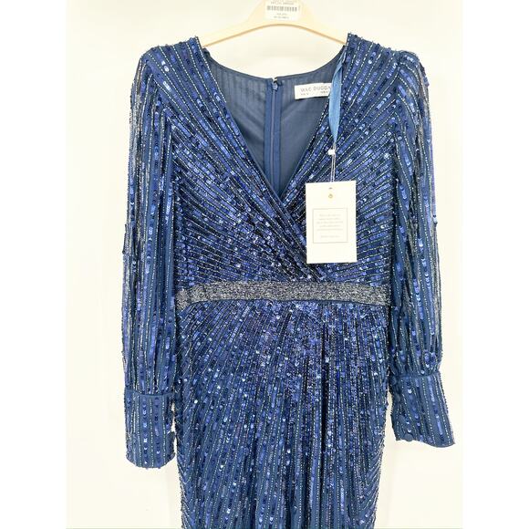 Mac Duggal 5501 Midnight Sequined Wrap Over Bishop Sleeve Gown Size 10 NWT - Picture 5 of 8